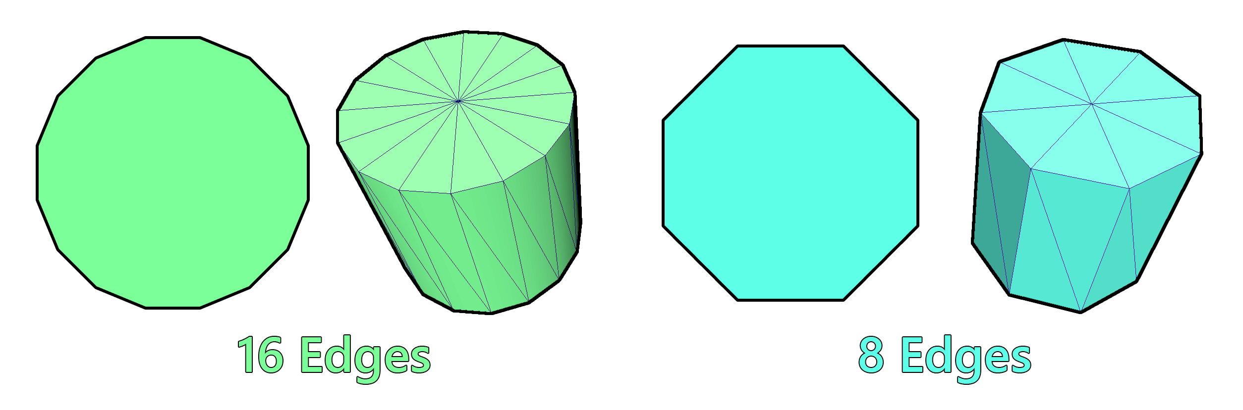 A 16-edge circle and cylinder next to an 8-edge circle and cylinder